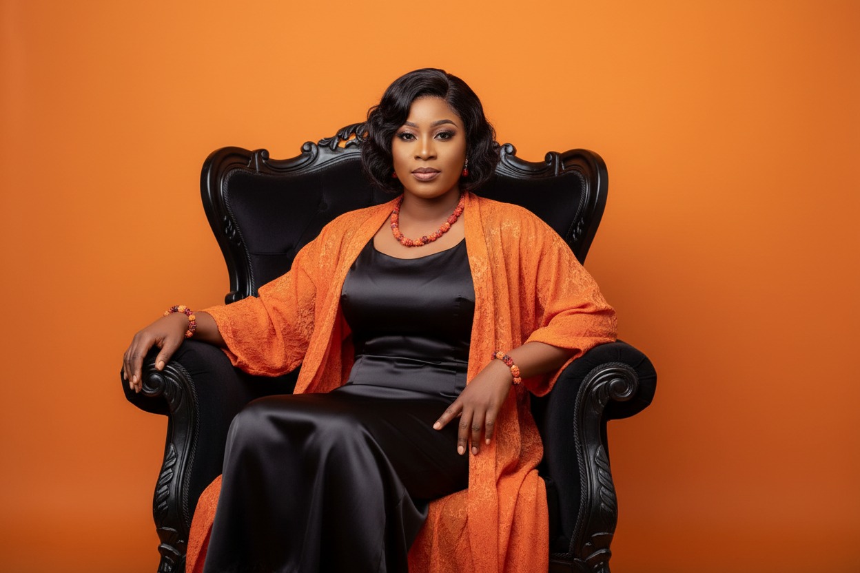 A woman in a black dress and orange robe sits elegantly in a black tufted chair against an orange backdrop.
