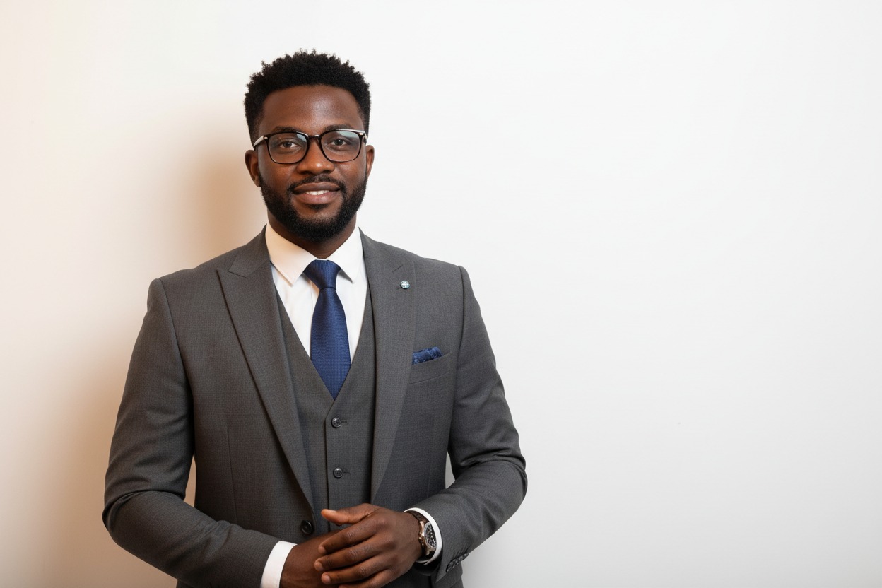 A Black businessman wearing a gray three-piece suit, white shirt, and blue tie stands against a plain white wall.